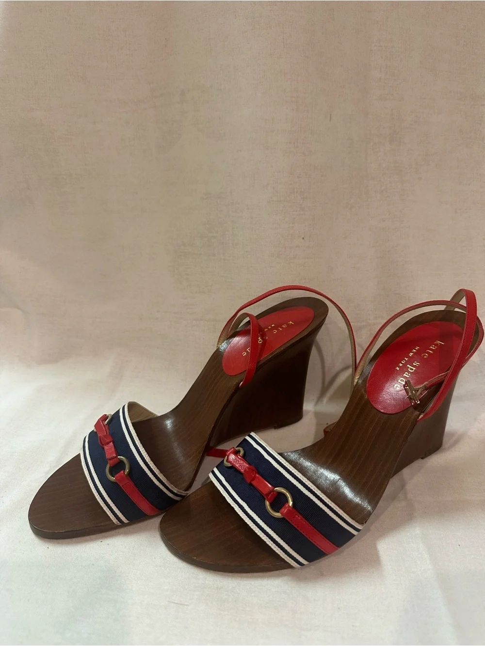 J. Crew Red and Navy Striped Wedge Sandals